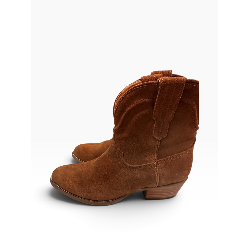 Dingo Womens Cognac Brown Suede Western Ankle Boots Pointed Toe Stacked Heel